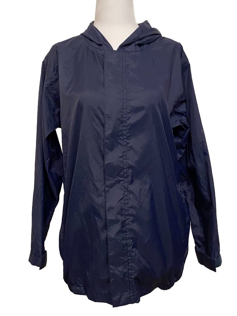 Magellan Outdoors Women's Packable Navy Blue Hooded Rain Jacket Sz L